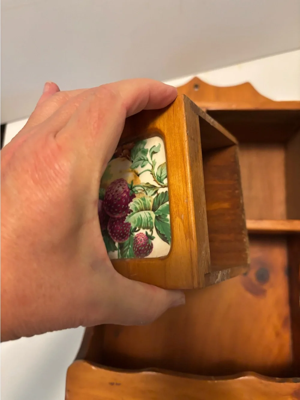 Vintage Wooden Spice Box/Apacathary-Inlay Fruit Tile Drawers-Wall Decor Storage